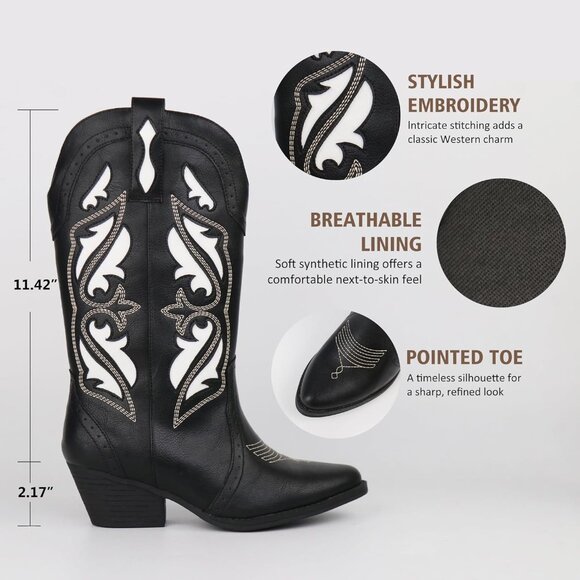 Brand New Women's Black Synthetic Leather Western Cowgirl Embroidered Boots - Picture 4 of 6